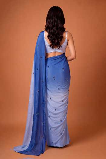Ellemora Fashions Aqua Frost Ombre Saree Set With Blazer 