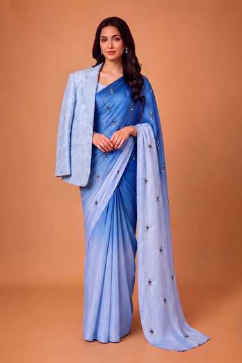 Ellemora Fashions Aqua Frost Ombre Saree Set With Blazer 