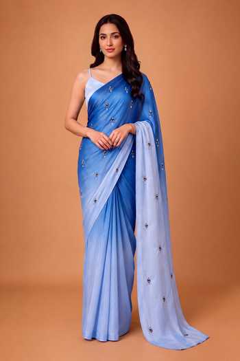 Shop_Ellemora Fashions_Blue Lace, Crepe Aqua Frost Ombre Saree Set With Blazer _Online_at_Aza_Fashions