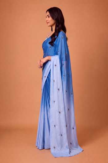 Ellemora Fashions_Blue Lace, Crepe Aqua Frost Ombre Saree Set With Blazer _at_Aza_Fashions