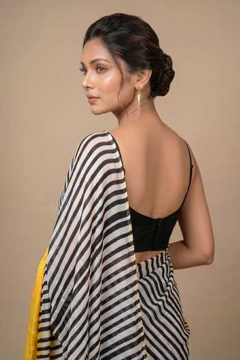 Shop Ellemora Fashions Black Silk V-neck Urban Zebra Saree With Blouse Online at Aza Fashions Shop_Ellemora Fashions_Black Silk V-neck Urban Zebra Saree With Blouse _Online_at_Aza_Fashions