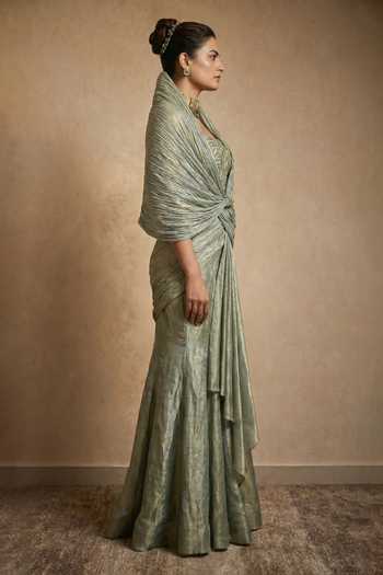 Buy Ellemora Fashions Green Tissue Sweetheart Neck Sage Symphony Draped Dress With Cape Online at Aza Fashions Buy_Ellemora Fashions_Green Tissue Sweetheart Neck Sage Symphony Draped Dress With Cape _Online_at_Aza_Fashions