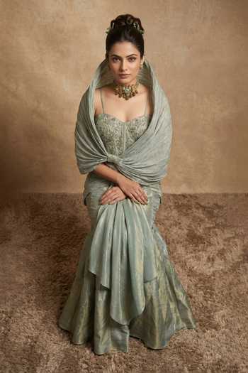 Ellemora Fashions Sage Symphony Draped Dress With Cape 