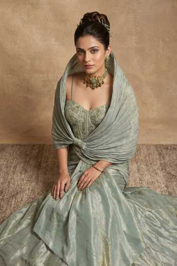 Ellemora Fashions Green Tissue Sweetheart Neck Sage Symphony Draped Dress With Cape at Aza Fashions Ellemora Fashions_Green Tissue Sweetheart Neck Sage Symphony Draped Dress With Cape _at_Aza_Fashions