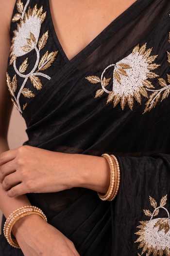 Shop Ellemora Fashions Black Organza, Viscose, Crepe V-neck Lunar Flora Saree With Blouse Online at Aza Fashions Shop_Ellemora Fashions_Black Organza, Viscose, Crepe V-neck Lunar Flora Saree With Blouse _Online_at_Aza_Fashions