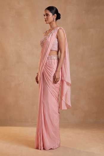 Ellemora Fashions Pink Crepe Square Neck Rose Couture Pre-draped Saree With Blouse Online at Aza Fashions Ellemora Fashions_Pink Crepe Square Neck Rose Couture Pre-draped Saree With Blouse _Online_at_Aza_Fashions