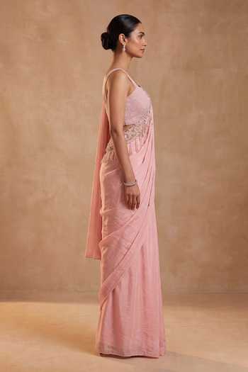 Buy Ellemora Fashions Pink Crepe Square Neck Rose Couture Pre-draped Saree With Blouse Online at Aza Fashions Buy_Ellemora Fashions_Pink Crepe Square Neck Rose Couture Pre-draped Saree With Blouse _Online_at_Aza_Fashions