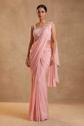 Shop Ellemora Fashions Pink Crepe Square Neck Rose Couture Pre-draped Saree With Blouse Online at Aza Fashions Shop_Ellemora Fashions_Pink Crepe Square Neck Rose Couture Pre-draped Saree With Blouse _Online_at_Aza_Fashions