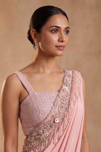 Ellemora Fashions Pink Crepe Square Neck Rose Couture Pre-draped Saree With Blouse at Aza Fashions Ellemora Fashions_Pink Crepe Square Neck Rose Couture Pre-draped Saree With Blouse _at_Aza_Fashions