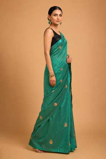 Buy Ellemora Fashions Emerald Green Organza, Viscose Square Neck Bloom Saree With Blouse Online at Aza Fashions Buy_Ellemora Fashions_Emerald Green Organza, Viscose Square Neck Bloom Saree With Blouse _Online_at_Aza_Fashions