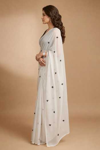 Buy Ellemora Fashions White Organza, Viscose V-neck Whispering Wings Saree With Blouse Online at Aza Fashions Buy_Ellemora Fashions_White Organza, Viscose V-neck Whispering Wings Saree With Blouse _Online_at_Aza_Fashions