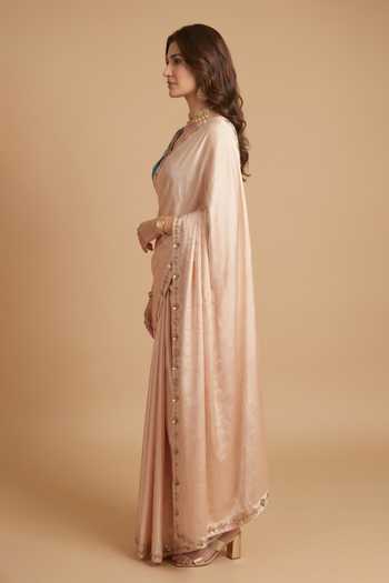 Buy Ellemora Fashions Peach Crepe, Velvet V-neck Bloom Saree With Blouse Online at Aza Fashions Buy_Ellemora Fashions_Peach Crepe, Velvet V-neck Bloom Saree With Blouse _Online_at_Aza_Fashions