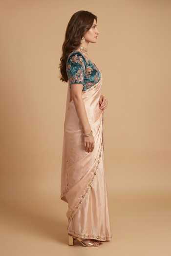 Shop Ellemora Fashions Peach Crepe, Velvet V-neck Bloom Saree With Blouse Online at Aza Fashions Shop_Ellemora Fashions_Peach Crepe, Velvet V-neck Bloom Saree With Blouse _Online_at_Aza_Fashions