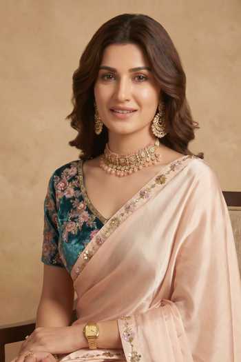 Ellemora Fashions Peach Crepe, Velvet V-neck Bloom Saree With Blouse at Aza Fashions Ellemora Fashions_Peach Crepe, Velvet V-neck Bloom Saree With Blouse _at_Aza_Fashions