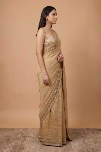 Ellemora Fashions Gold Tissue Square Neck Heritage Saree With Blouse Online at Aza Fashions Ellemora Fashions_Gold Tissue Square Neck Heritage Saree With Blouse _Online_at_Aza_Fashions