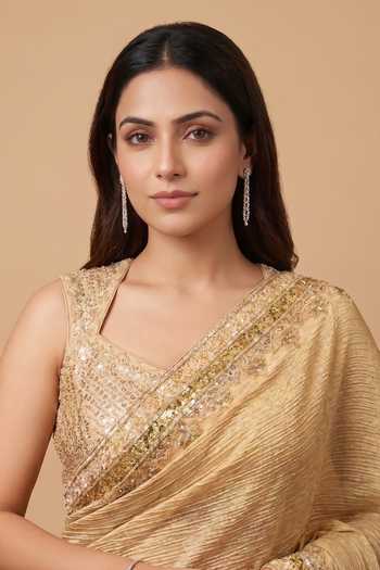 Shop Ellemora Fashions Gold Tissue Square Neck Heritage Saree With Blouse Online at Aza Fashions Shop_Ellemora Fashions_Gold Tissue Square Neck Heritage Saree With Blouse _Online_at_Aza_Fashions