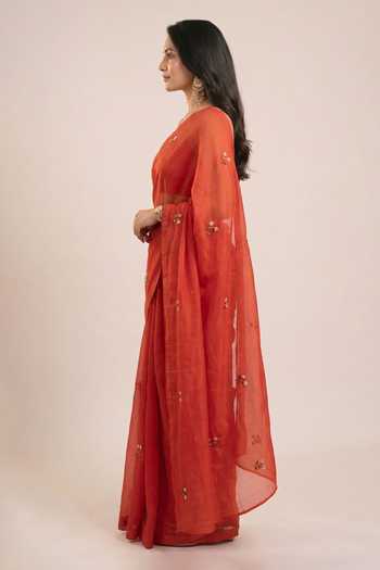 Shop_Ellemora Fashions_Red Organza, Viscose V-neck Flame Flower Saree With Blouse _Online_at_Aza_Fashions
