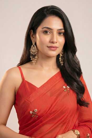 Ellemora Fashions_Red Organza, Viscose V-neck Flame Flower Saree With Blouse _at_Aza_Fashions