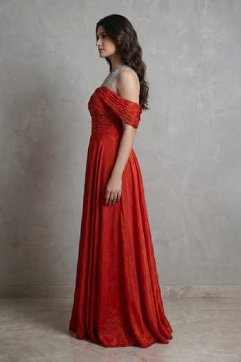 Buy_Ellemora Fashions_Red Crepe, Net Crystals High Neck Stardust Illusion Jewelled Embellished Gown _Online_at_Aza_Fashions