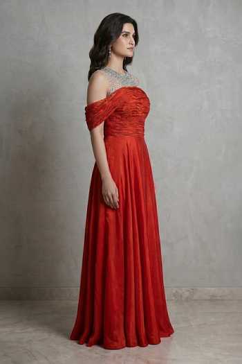 Shop_Ellemora Fashions_Red Crepe, Net Crystals High Neck Stardust Illusion Jewelled Embellished Gown _Online_at_Aza_Fashions