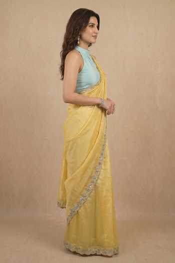 Buy_Ellemora Fashions_Yellow Crepe Halter Neck Butter Bloom Border Embroidered Saree With Blouse _Online_at_Aza_Fashions