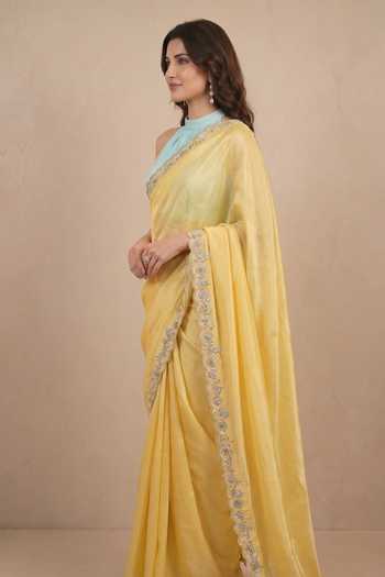 Shop_Ellemora Fashions_Yellow Crepe Halter Neck Butter Bloom Border Embroidered Saree With Blouse _Online_at_Aza_Fashions