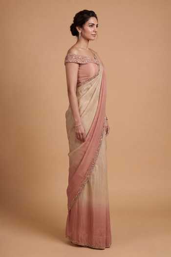Buy Ellemora Fashions Pink Tissue Off-shoulder Blush Horizon Saree With Blouse Online at Aza Fashions Buy_Ellemora Fashions_Pink Tissue Off-shoulder Blush Horizon Saree With Blouse _Online_at_Aza_Fashions