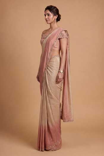 Shop Ellemora Fashions Pink Tissue Off-shoulder Blush Horizon Saree With Blouse Online at Aza Fashions Shop_Ellemora Fashions_Pink Tissue Off-shoulder Blush Horizon Saree With Blouse _Online_at_Aza_Fashions