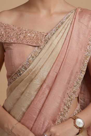 Ellemora Fashions Pink Tissue Off-shoulder Blush Horizon Saree With Blouse at Aza Fashions Ellemora Fashions_Pink Tissue Off-shoulder Blush Horizon Saree With Blouse _at_Aza_Fashions