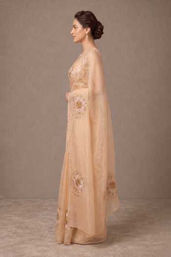 Ellemora Fashions Peach Organza Round Neck Radiance Saree With Blouse Online at Aza Fashions Ellemora Fashions_Peach Organza Round Neck Radiance Saree With Blouse _Online_at_Aza_Fashions