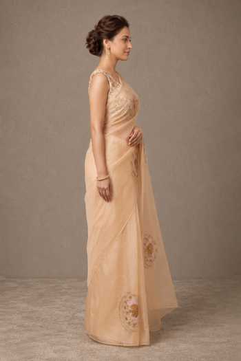 Buy Ellemora Fashions Peach Organza Round Neck Radiance Saree With Blouse Online at Aza Fashions Buy_Ellemora Fashions_Peach Organza Round Neck Radiance Saree With Blouse _Online_at_Aza_Fashions