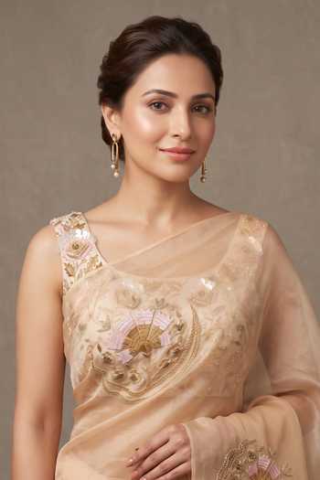 Shop Ellemora Fashions Peach Organza Round Neck Radiance Saree With Blouse Online at Aza Fashions Shop_Ellemora Fashions_Peach Organza Round Neck Radiance Saree With Blouse _Online_at_Aza_Fashions