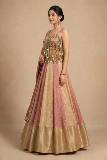 Buy Ellemora Fashions Multi Color Tissue Square Neck Champagne Bloom Lehenga Set Online at Aza Fashions Buy_Ellemora Fashions_Multi Color Tissue Square Neck Champagne Bloom Lehenga Set _Online_at_Aza_Fashions