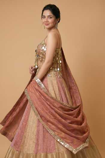Shop Ellemora Fashions Multi Color Tissue Square Neck Champagne Bloom Lehenga Set Online at Aza Fashions Shop_Ellemora Fashions_Multi Color Tissue Square Neck Champagne Bloom Lehenga Set _Online_at_Aza_Fashions