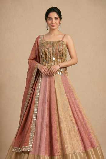 Ellemora Fashions Multi Color Tissue Square Neck Champagne Bloom Lehenga Set at Aza Fashions Ellemora Fashions_Multi Color Tissue Square Neck Champagne Bloom Lehenga Set _at_Aza_Fashions