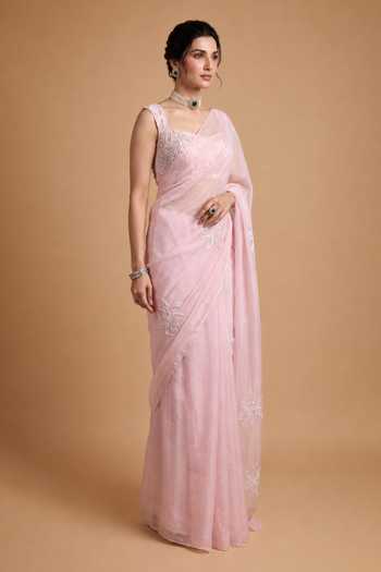 Buy Ellemora Fashions Pink Organza, Crepe Square Neck Floral Muse Saree With Blouse Online at Aza Fashions Buy_Ellemora Fashions_Pink Organza, Crepe Square Neck Floral Muse Saree With Blouse _Online_at_Aza_Fashions