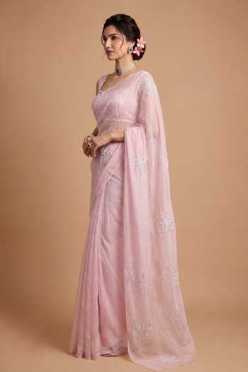Shop Ellemora Fashions Pink Organza, Crepe Square Neck Floral Muse Saree With Blouse Online at Aza Fashions Shop_Ellemora Fashions_Pink Organza, Crepe Square Neck Floral Muse Saree With Blouse _Online_at_Aza_Fashions