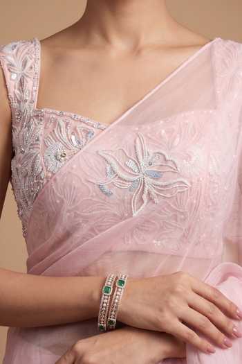 Ellemora Fashions Pink Organza, Crepe Square Neck Floral Muse Saree With Blouse at Aza Fashions Ellemora Fashions_Pink Organza, Crepe Square Neck Floral Muse Saree With Blouse _at_Aza_Fashions