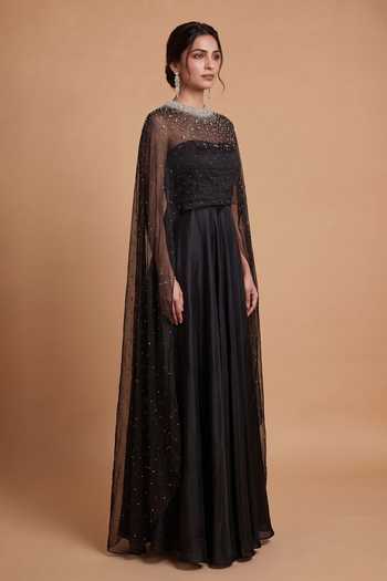 Ellemora Fashions Black Crepe, Organza Bandeau Neck, High Strapless Dress With Embellished Cape Online at Aza Fashions Ellemora Fashions_Black Crepe, Organza Bandeau Neck, High Strapless Dress With Embellished Cape _Online_at_Aza_Fashions