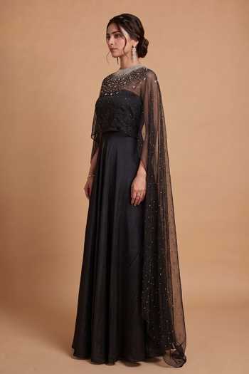 Buy Ellemora Fashions Black Crepe, Organza Bandeau Neck, High Strapless Dress With Embellished Cape Online at Aza Fashions Buy_Ellemora Fashions_Black Crepe, Organza Bandeau Neck, High Strapless Dress With Embellished Cape _Online_at_Aza_Fashions