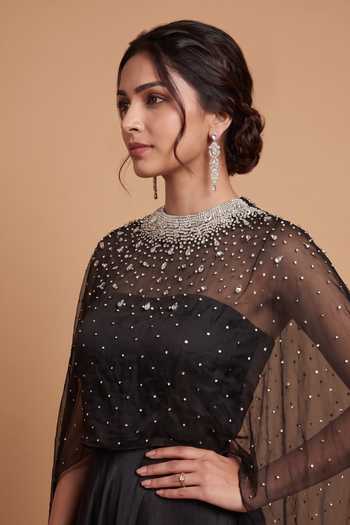 Shop Ellemora Fashions Black Crepe, Organza Bandeau Neck, High Strapless Dress With Embellished Cape Online at Aza Fashions Shop_Ellemora Fashions_Black Crepe, Organza Bandeau Neck, High Strapless Dress With Embellished Cape _Online_at_Aza_Fashions
