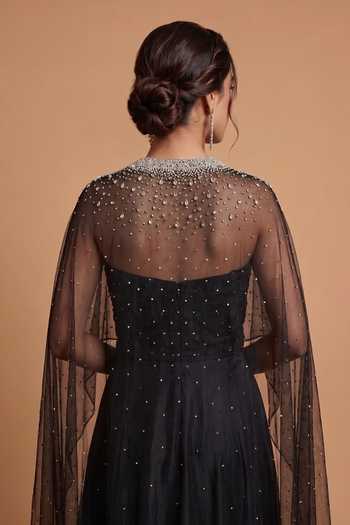 Ellemora Fashions Black Crepe, Organza Bandeau Neck, High Strapless Dress With Embellished Cape at Aza Fashions Ellemora Fashions_Black Crepe, Organza Bandeau Neck, High Strapless Dress With Embellished Cape _at_Aza_Fashions