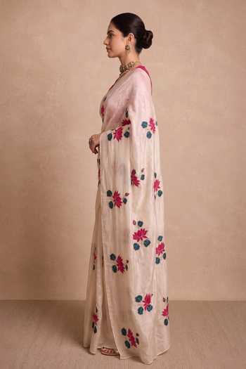 Buy Ellemora Fashions Ivory Organza, Crepe V-neck Royal Lotus Saree Set With Jacket Online at Aza Fashions Buy_Ellemora Fashions_Ivory Organza, Crepe V-neck Royal Lotus Saree Set With Jacket _Online_at_Aza_Fashions