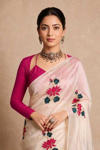 Shop Ellemora Fashions Ivory Organza, Crepe V-neck Royal Lotus Saree Set With Jacket Online at Aza Fashions Shop_Ellemora Fashions_Ivory Organza, Crepe V-neck Royal Lotus Saree Set With Jacket _Online_at_Aza_Fashions