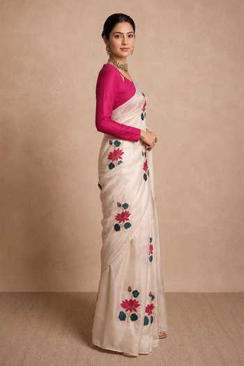 Ellemora Fashions Ivory Organza, Crepe V-neck Royal Lotus Saree Set With Jacket at Aza Fashions Ellemora Fashions_Ivory Organza, Crepe V-neck Royal Lotus Saree Set With Jacket _at_Aza_Fashions