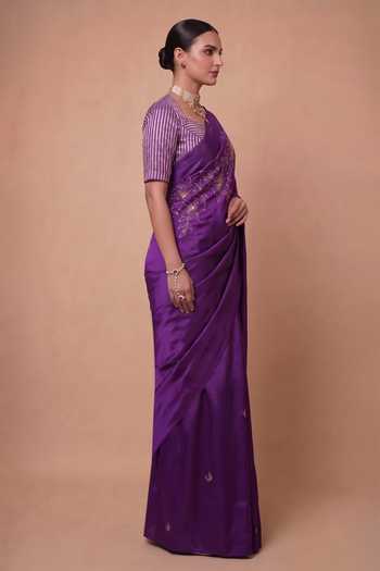 Buy_Ellemora Fashions_Purple Organza, Viscose, Crepe Square Neck Petal Luxe Saree With Blouse _Online_at_Aza_Fashions