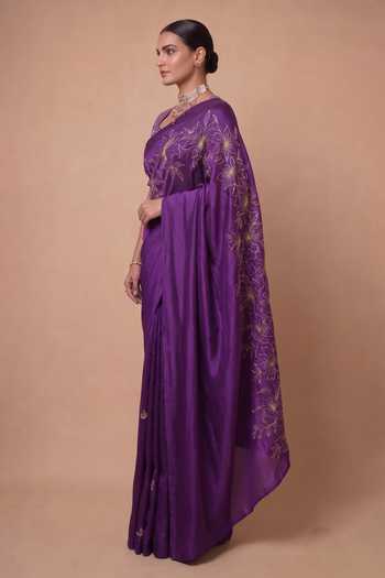 Shop_Ellemora Fashions_Purple Organza, Viscose, Crepe Square Neck Petal Luxe Saree With Blouse _Online_at_Aza_Fashions