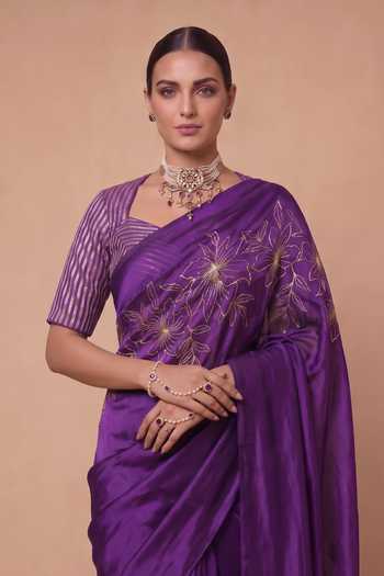 Ellemora Fashions_Purple Organza, Viscose, Crepe Square Neck Petal Luxe Saree With Blouse _at_Aza_Fashions