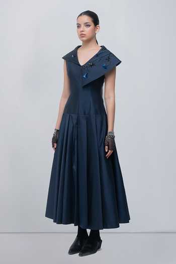Buy Leh Studios Navy Viscose, Polyester V-neck Maryna Flared Dress Online at Aza Fashions Buy_Leh Studios_Navy Viscose, Polyester V-neck Maryna Flared Dress _Online_at_Aza_Fashions