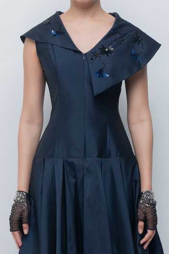 Shop Leh Studios Navy Viscose, Polyester V-neck Maryna Flared Dress Online at Aza Fashions Shop_Leh Studios_Navy Viscose, Polyester V-neck Maryna Flared Dress _Online_at_Aza_Fashions